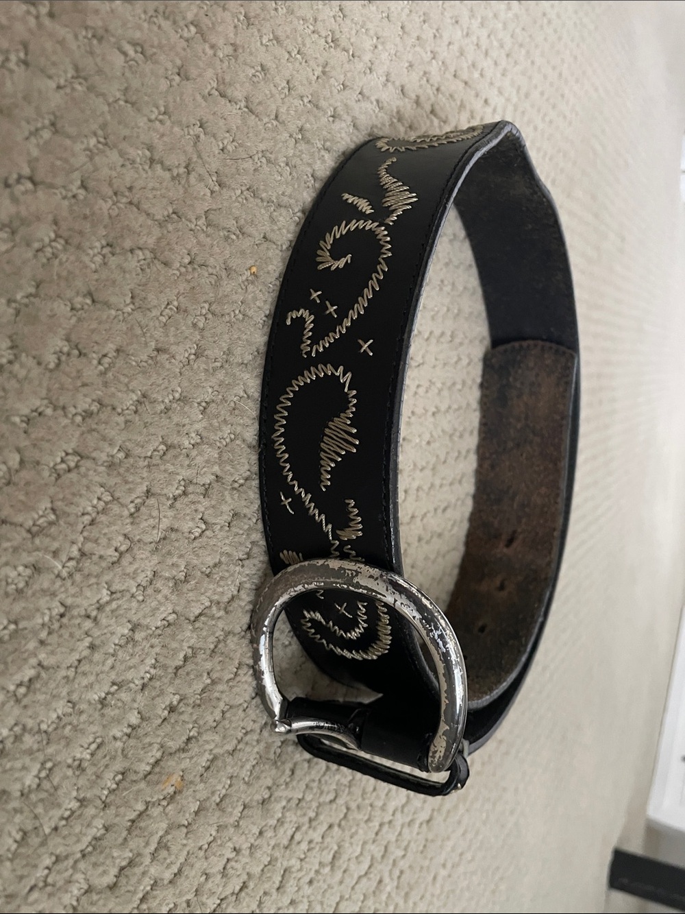 Brighton Black Leather Belt with Silver Buckle and Decorative Stitching 32”